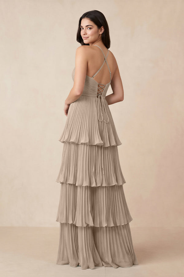 Tiered Pleated V - Neck A - Line Chiffon Bridesmaid Dress in Almond - KissProm Bridesmaid Dresses