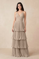 Tiered Pleated V - Neck A - Line Chiffon Bridesmaid Dress in Almond - KissProm Bridesmaid Dresses