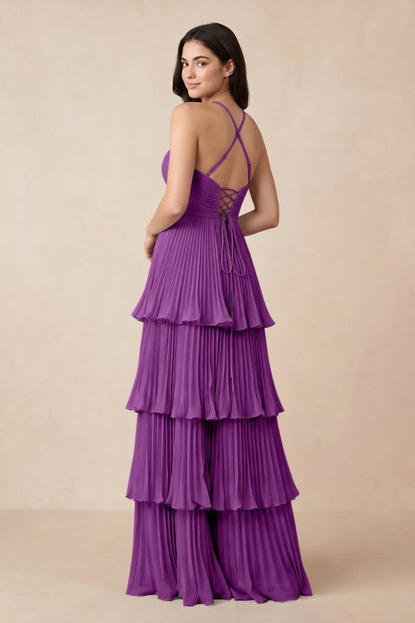 Tiered Pleated V - Neck A - Line Chiffon Bridesmaid Dress in Amethyst - KissProm Bridesmaid Dresses