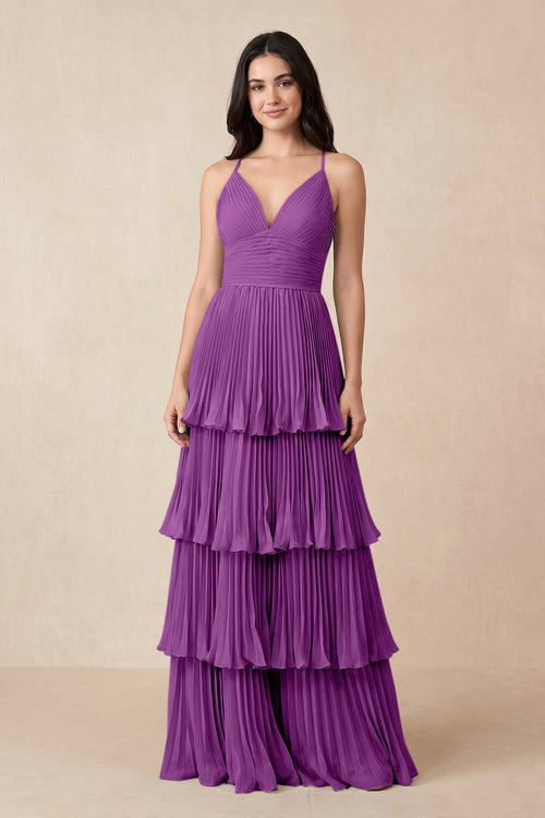 Tiered Pleated V - Neck A - Line Chiffon Bridesmaid Dress in Amethyst - KissProm Bridesmaid Dresses