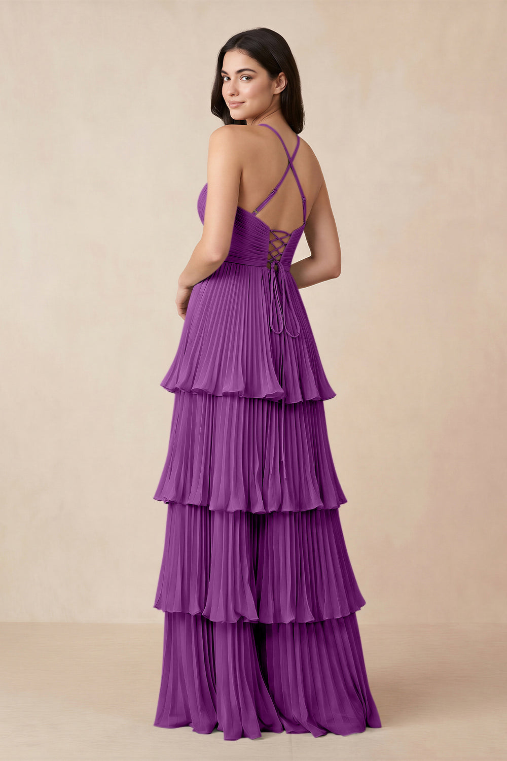 Tiered Pleated V - Neck A - Line Chiffon Bridesmaid Dress in Amethyst - KissProm Bridesmaid Dresses