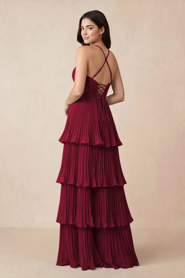 Tiered Pleated V - Neck A - Line Chiffon Bridesmaid Dress in Berry - KissProm Bridesmaid Dresses