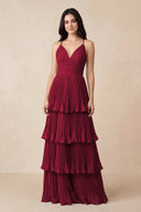 Tiered Pleated V - Neck A - Line Chiffon Bridesmaid Dress in Berry - KissProm Bridesmaid Dresses