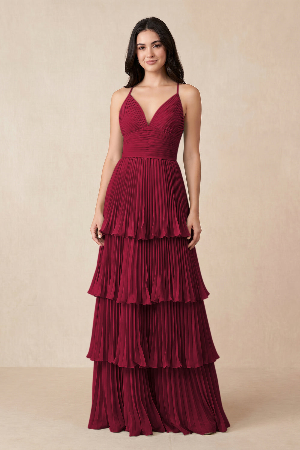 Tiered Pleated V - Neck A - Line Chiffon Bridesmaid Dress in Berry - KissProm Bridesmaid Dresses