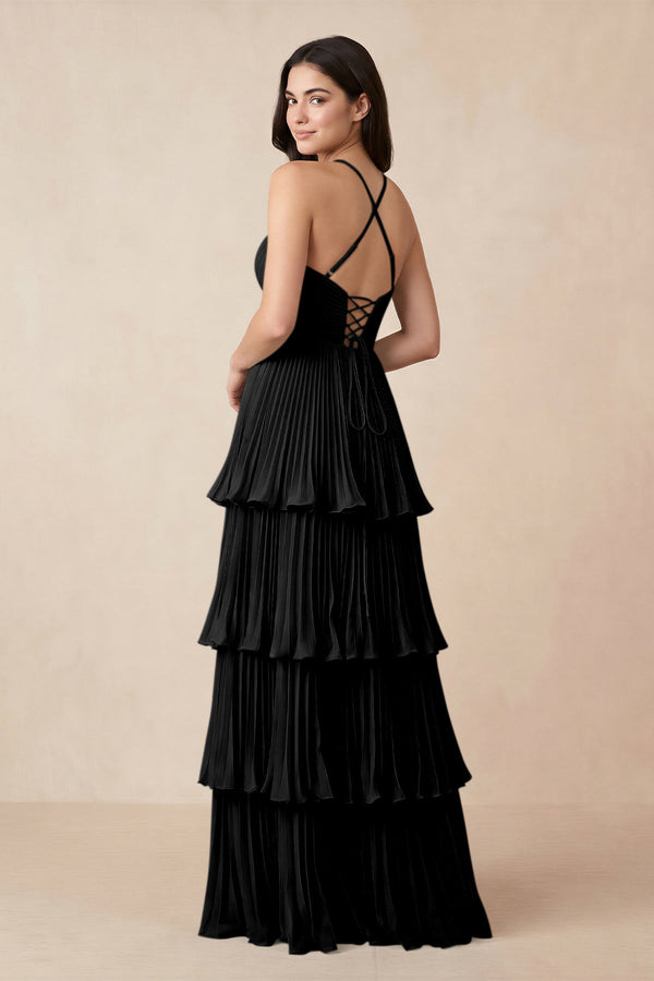 Tiered Pleated V - Neck A - Line Chiffon Bridesmaid Dress in Black - KissProm Bridesmaid Dresses