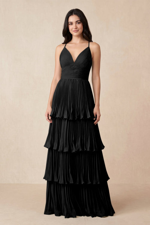 Tiered Pleated V - Neck A - Line Chiffon Bridesmaid Dress in Black - KissProm Bridesmaid Dresses