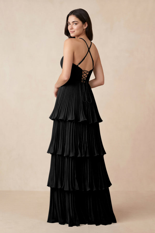 Tiered Pleated V - Neck A - Line Chiffon Bridesmaid Dress in Black - KissProm Bridesmaid Dresses
