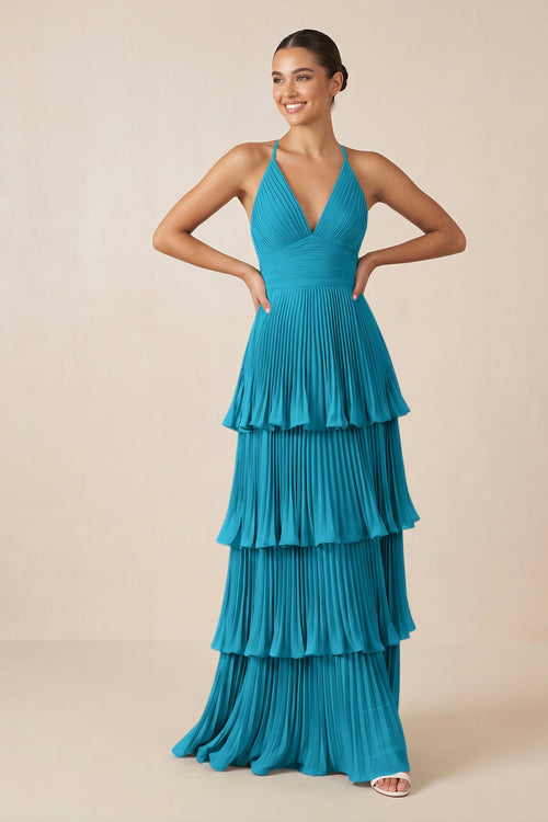 KissProm | V-Neck Bridesmaid dress with Tiered Pleats in Blue Jay