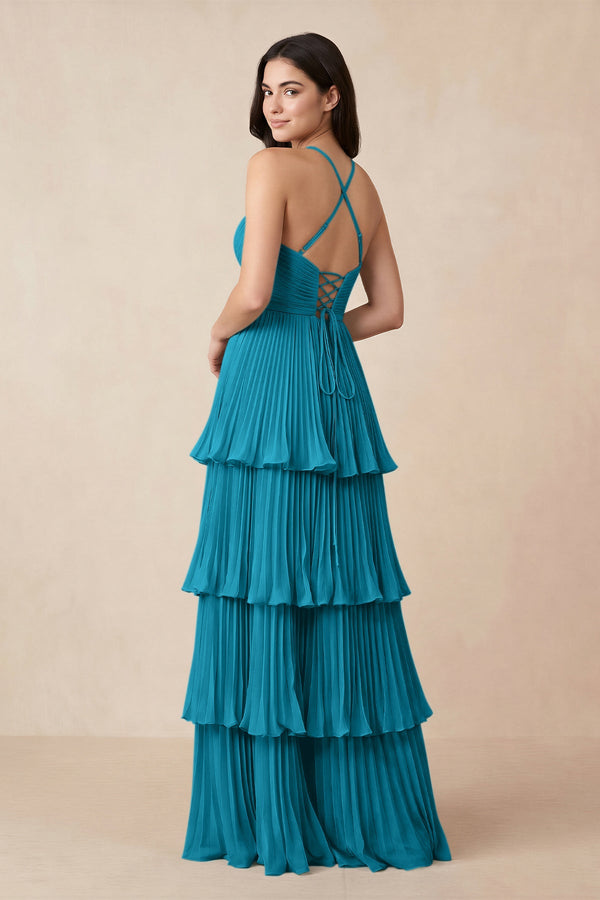 Tiered Pleated V - Neck A - Line Chiffon Bridesmaid Dress in Blue Jay - KissProm Bridesmaid Dresses