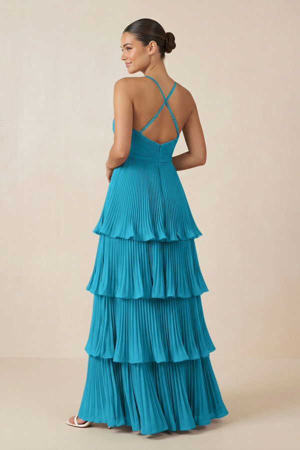 KissProm | V-Neck Bridesmaid dress with Tiered Pleats in Blue Jay KissProm | V-Neck Bridesmaid dress with Tiered Pleats in Blue Jay