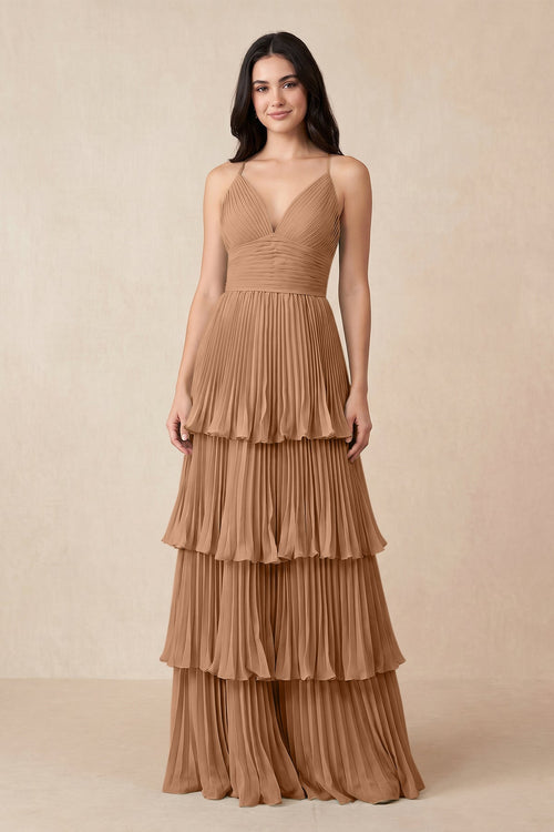 Tiered Pleated V - Neck A - Line Chiffon Bridesmaid Dress in Bronzer - KissProm Bridesmaid Dresses