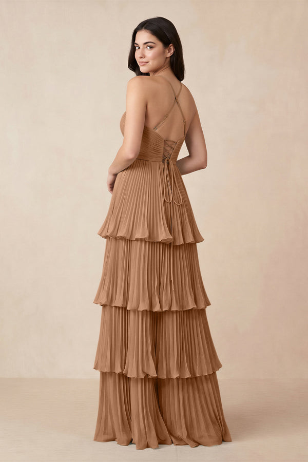 Tiered Pleated V - Neck A - Line Chiffon Bridesmaid Dress in Bronzer - KissProm Bridesmaid Dresses