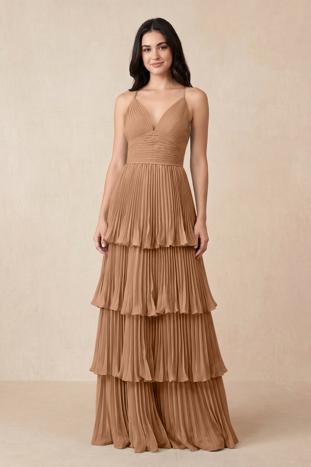 Tiered Pleated V - Neck A - Line Chiffon Bridesmaid Dress in Bronzer - KissProm Bridesmaid Dresses