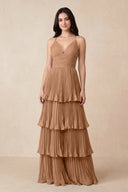 Tiered Pleated V - Neck A - Line Chiffon Bridesmaid Dress in Bronzer - KissProm Bridesmaid Dresses