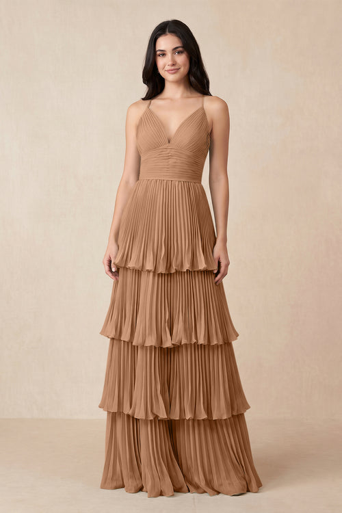 Tiered Pleated V - Neck A - Line Chiffon Bridesmaid Dress in Bronzer - KissProm Bridesmaid Dresses