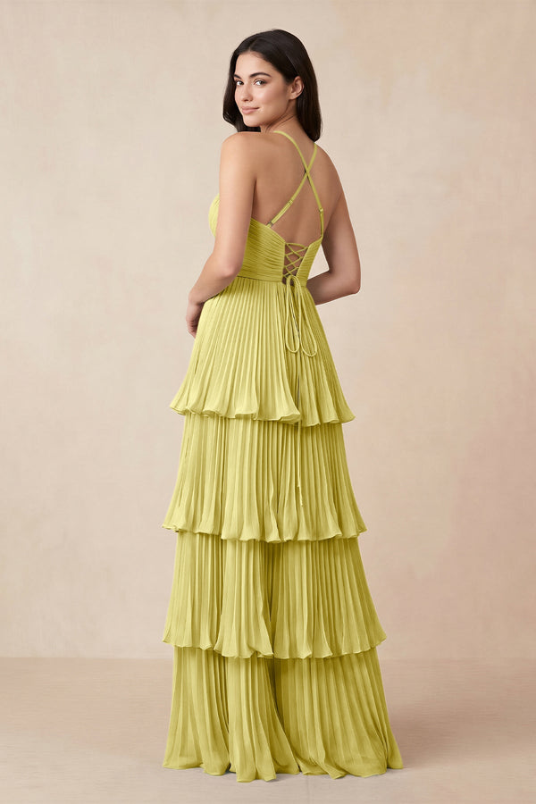 Tiered Pleated V - Neck A - Line Chiffon Bridesmaid Dress in Buttercup - KissProm Bridesmaid Dresses