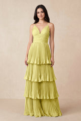 Tiered Pleated V - Neck A - Line Chiffon Bridesmaid Dress in Buttercup - KissProm Bridesmaid Dresses