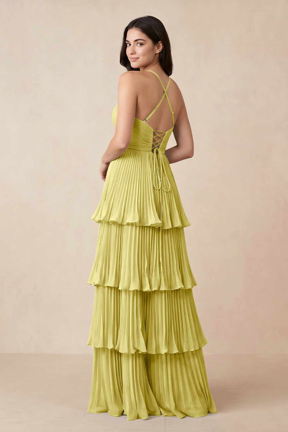 Tiered Pleated V - Neck A - Line Chiffon Bridesmaid Dress in Buttercup - KissProm Bridesmaid Dresses