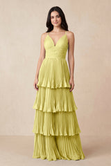 Tiered Pleated V - Neck A - Line Chiffon Bridesmaid Dress in Buttercup - KissProm Bridesmaid Dresses