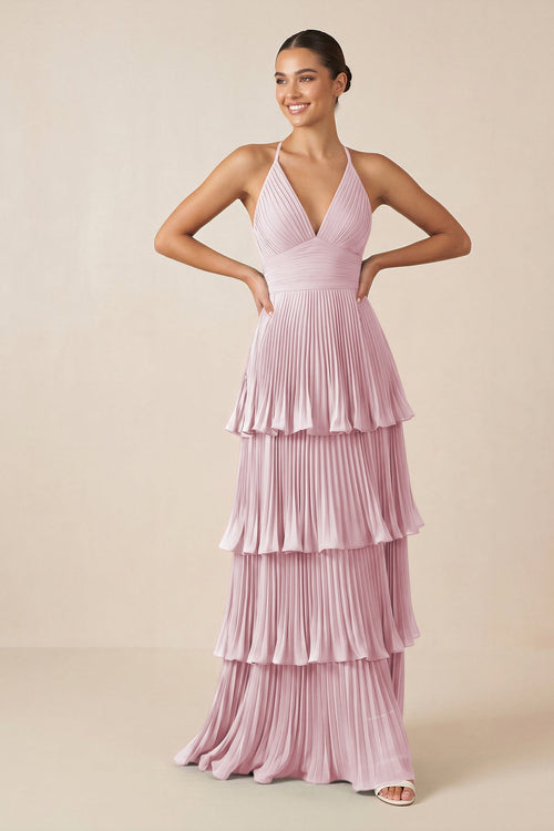 Tiered Pleated V-Neck A-Line Chiffon Bridesmaid Dress in Candy Pink