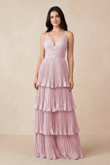 Tiered Pleated V - Neck A - Line Chiffon Bridesmaid Dress in Candy Pink - KissProm Bridesmaid Dresses