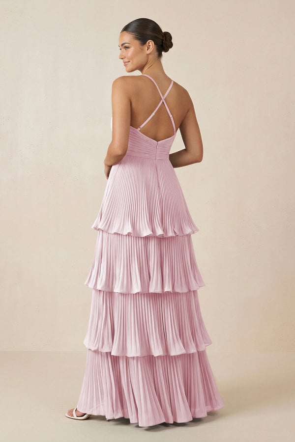 Tiered Pleated V-Neck A-Line Chiffon Bridesmaid Dress in Candy Pink
