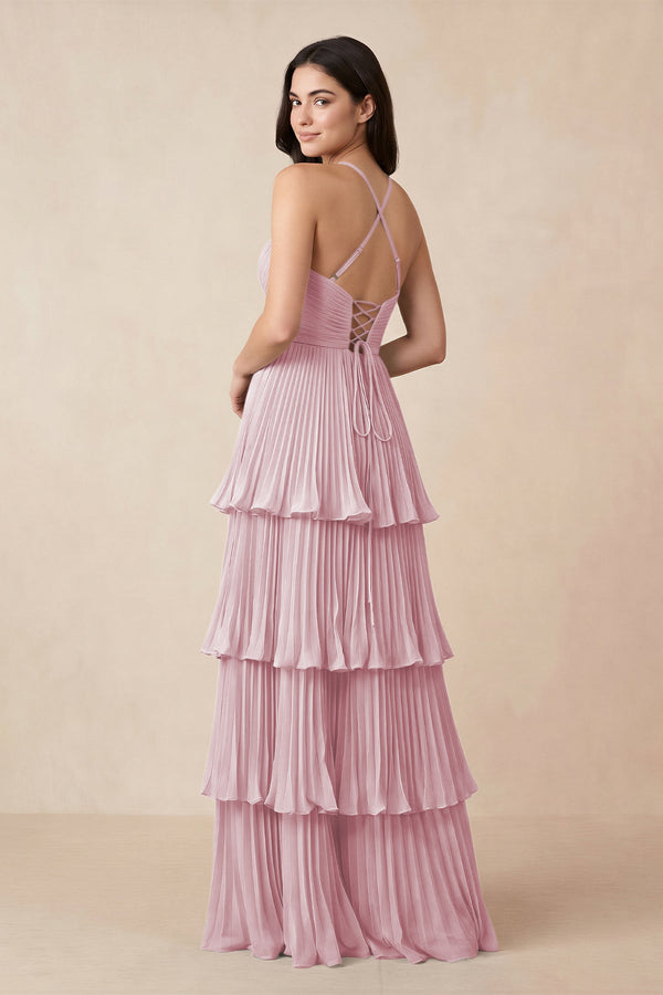 Tiered Pleated V - Neck A - Line Chiffon Bridesmaid Dress in Candy Pink - KissProm Bridesmaid Dresses