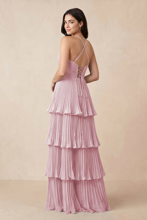 Tiered Pleated V - Neck A - Line Chiffon Bridesmaid Dress in Candy Pink - KissProm Bridesmaid Dresses