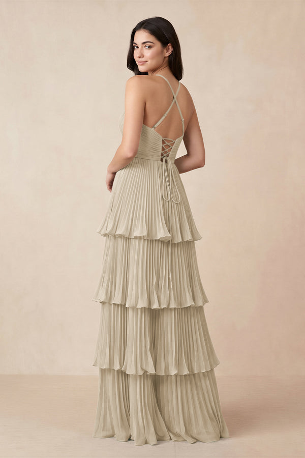 Tiered Pleated V - Neck A - Line Chiffon Bridesmaid Dress in Champagne - KissProm Bridesmaid Dresses