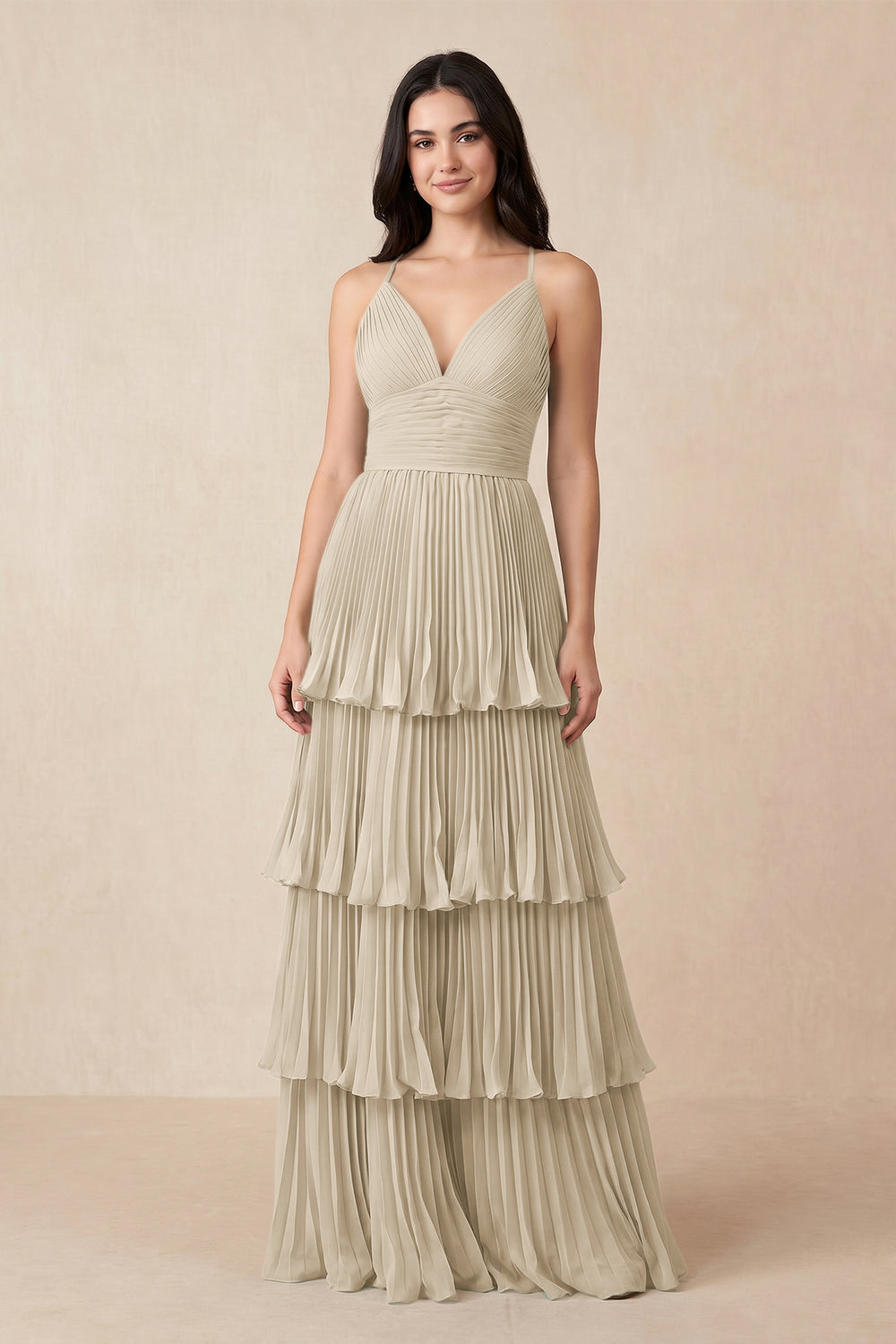 Tiered Pleated V - Neck A - Line Chiffon Bridesmaid Dress in Champagne - KissProm Bridesmaid Dresses