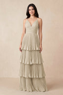 Tiered Pleated V - Neck A - Line Chiffon Bridesmaid Dress in Champagne - KissProm Bridesmaid Dresses
