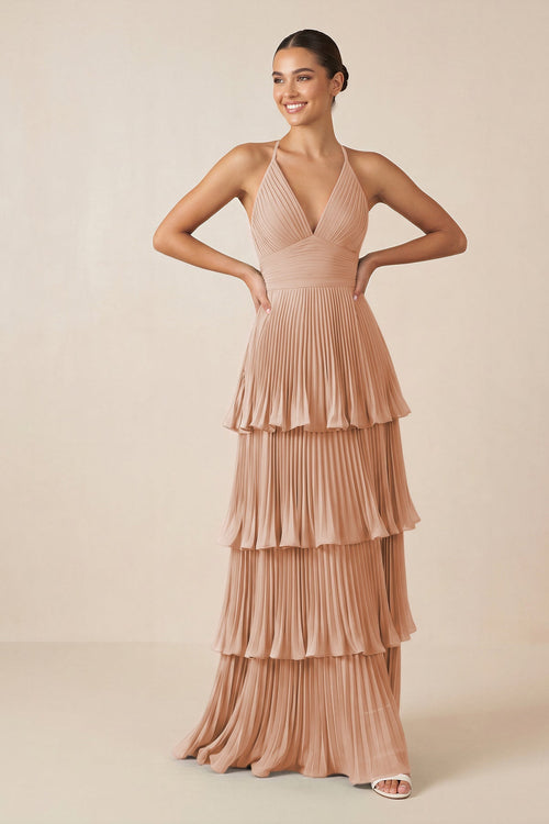 Tiered Pleated V-Neck A-Line Chiffon Bridesmaid Dress in Champagne Rose