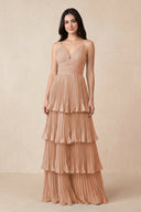Tiered Pleated V - Neck A - Line Chiffon Bridesmaid Dress in Champagne Rose - KissProm Bridesmaid Dresses