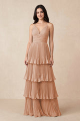Tiered Pleated V - Neck A - Line Chiffon Bridesmaid Dress in Champagne Rose - KissProm Bridesmaid Dresses