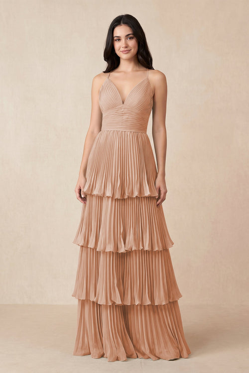 Tiered Pleated V - Neck A - Line Chiffon Bridesmaid Dress in Champagne Rose - KissProm Bridesmaid Dresses