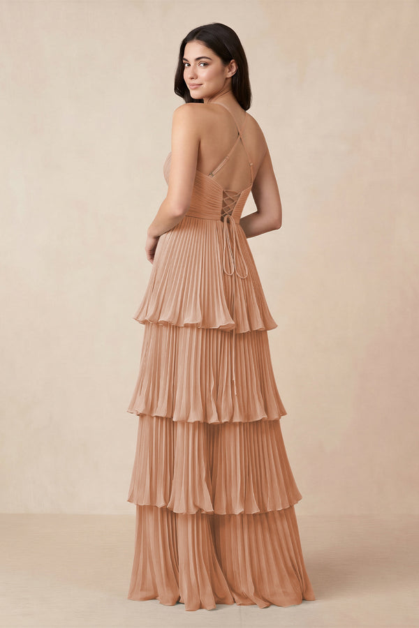 Tiered Pleated V - Neck A - Line Chiffon Bridesmaid Dress in Champagne Rose - KissProm Bridesmaid Dresses
