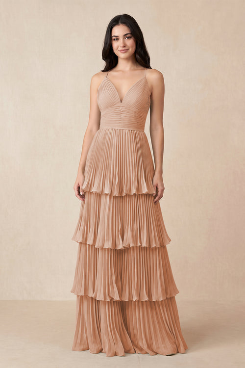Tiered Pleated V - Neck A - Line Chiffon Bridesmaid Dress in Champagne Rose - KissProm Bridesmaid Dresses