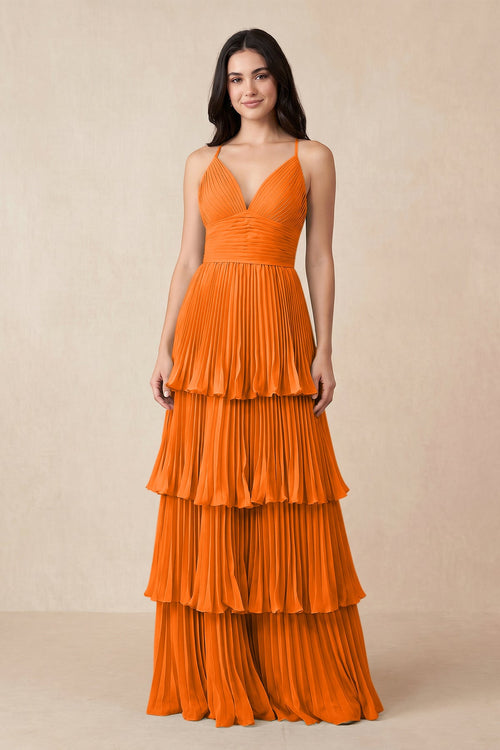 Tiered Pleated V - Neck A - Line Chiffon Bridesmaid Dress in Cinnamon - KissProm Bridesmaid Dresses