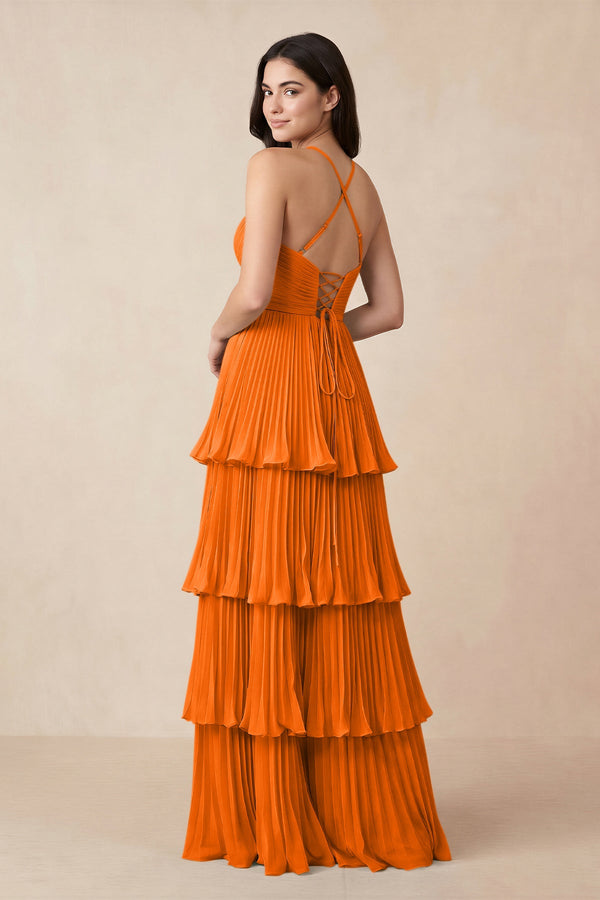 Tiered Pleated V - Neck A - Line Chiffon Bridesmaid Dress in Cinnamon - KissProm Bridesmaid Dresses