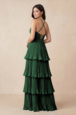 Tiered Pleated V-Neck A-Line Chiffon Bridesmaid Dress in Dark Green - KissProm Bridesmaid Dresses