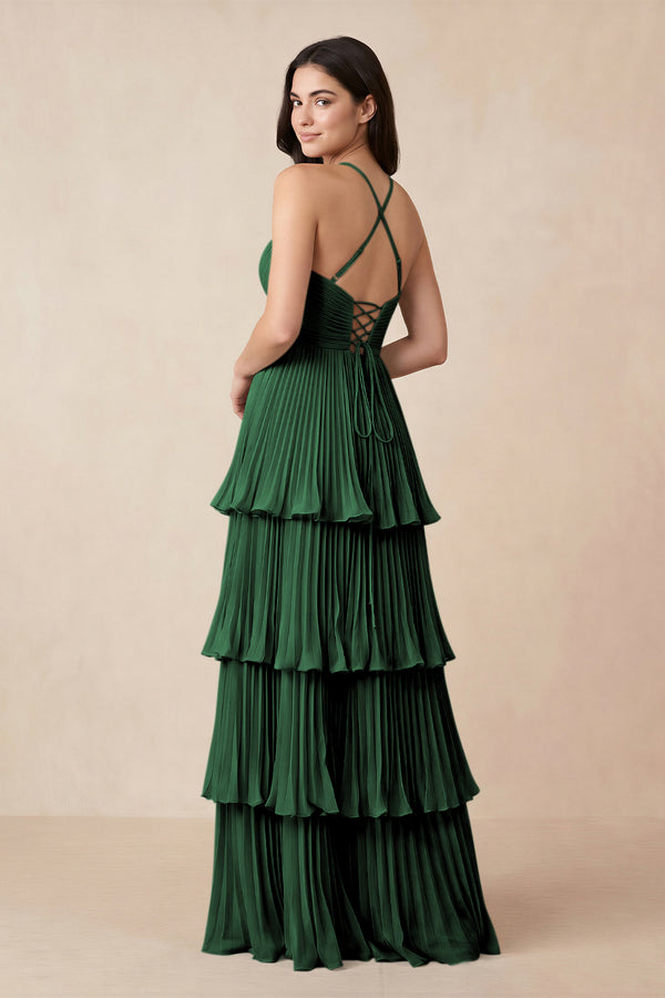 Tiered Pleated V-Neck A-Line Chiffon Bridesmaid Dress in Dark Green - KissProm Bridesmaid Dresses