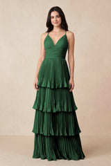 Tiered Pleated V-Neck A-Line Chiffon Bridesmaid Dress in Dark Green - KissProm Bridesmaid Dresses
