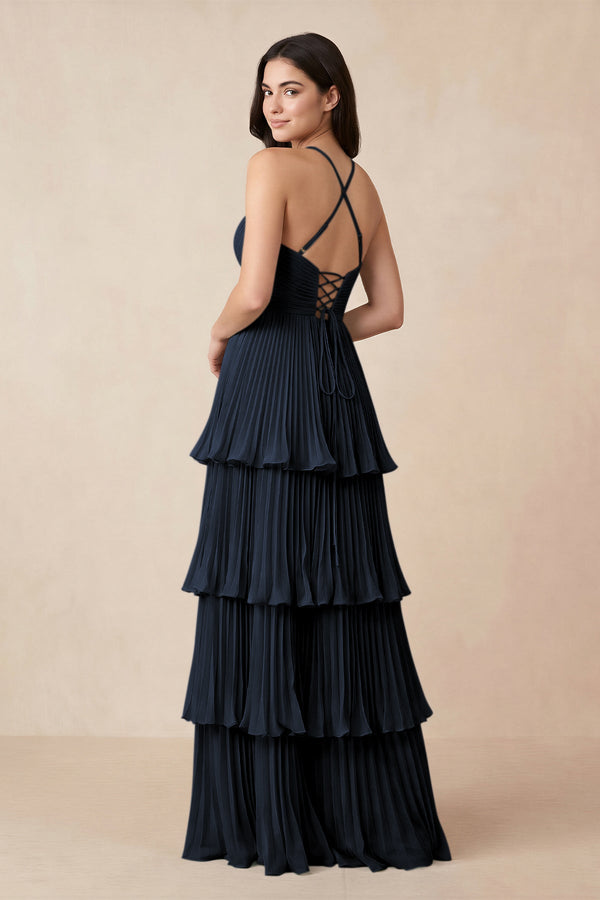 Tiered Pleated V - Neck A - Line Chiffon Bridesmaid Dress in Dark Navy - KissProm Bridesmaid Dresses