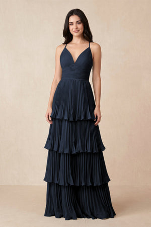 Tiered Pleated V - Neck A - Line Chiffon Bridesmaid Dress in Dark Navy - KissProm Bridesmaid Dresses