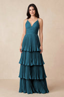 Tiered Pleated V - Neck A - Line Chiffon Bridesmaid Dress in Dark Teal - KissProm Bridesmaid Dresses