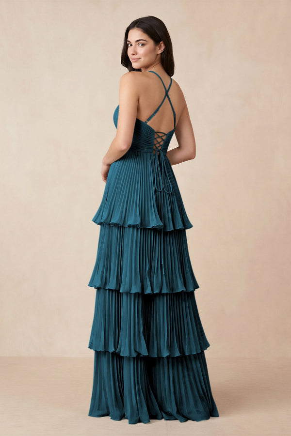Tiered Pleated V - Neck A - Line Chiffon Bridesmaid Dress in Dark Teal - KissProm Bridesmaid Dresses