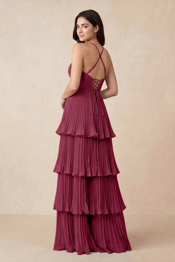 Tiered Pleated V - Neck A - Line Chiffon Bridesmaid Dress in Desert Rose - KissProm Bridesmaid Dresses