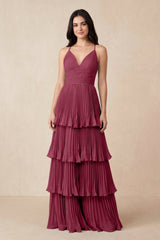 Tiered Pleated V - Neck A - Line Chiffon Bridesmaid Dress in Desert Rose - KissProm Bridesmaid Dresses