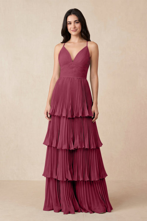 Tiered Pleated V - Neck A - Line Chiffon Bridesmaid Dress in Desert Rose - KissProm Bridesmaid Dresses