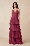 Tiered Pleated V - Neck A - Line Chiffon Bridesmaid Dress in Desert Rose - KissProm Bridesmaid Dresses